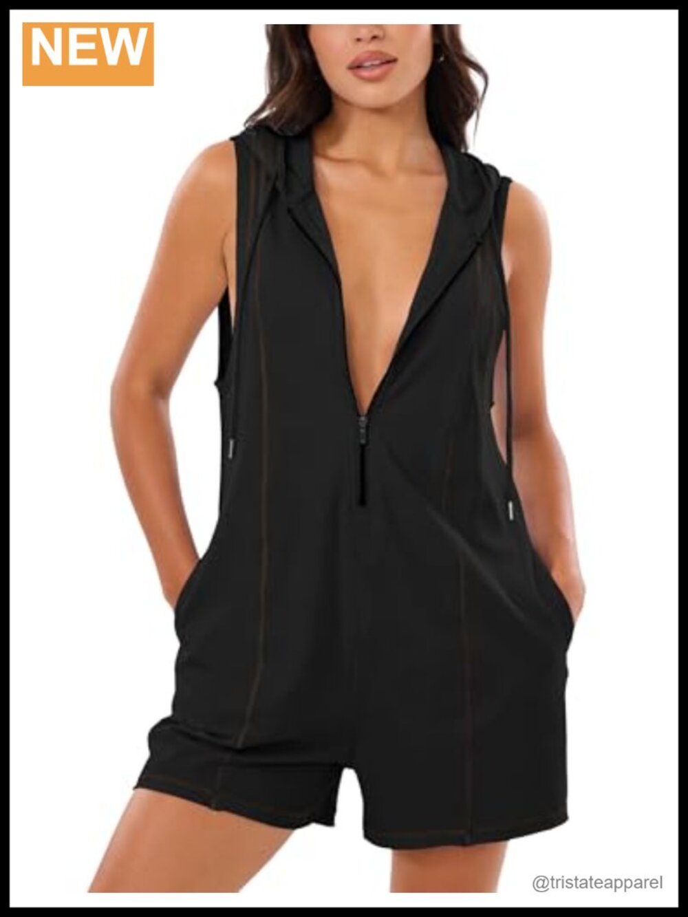 Women's Half Zip Hooded Romper Sleeveless Cotton Spandex Short Overalls